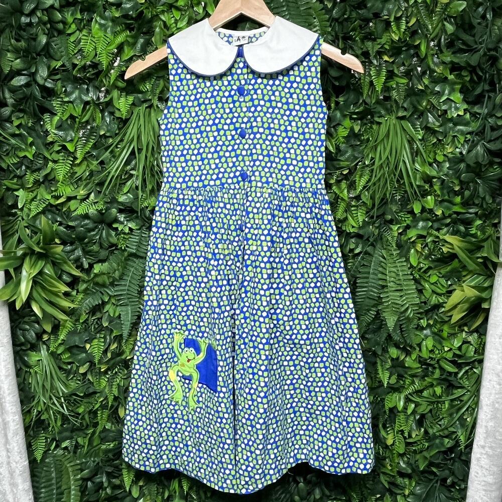 VTG AUSTIN‎ & ASHLEY Dress Blue 8 Button Collared Dotted Frog Embroidered 2673